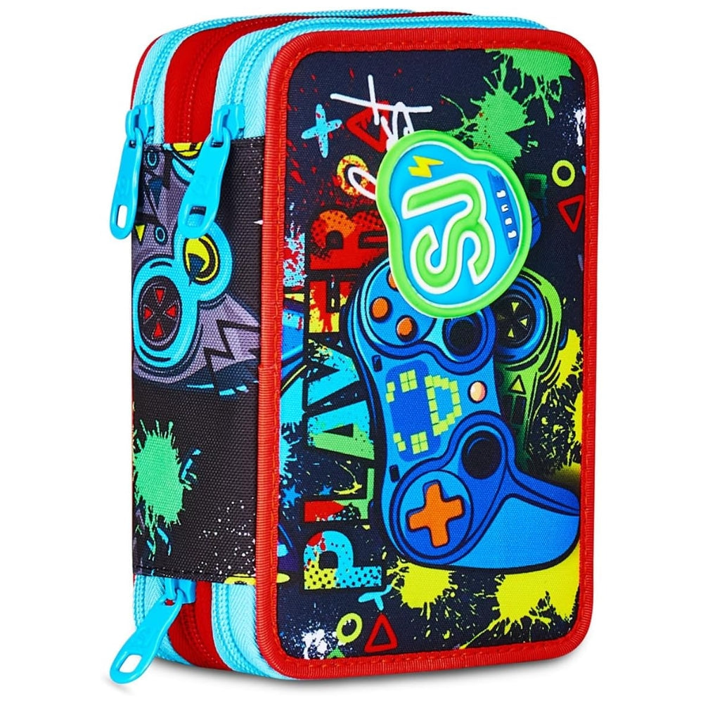 Astuccio Completo 3 Zip SJ Gang Game Led Boy - Azzurro/Rosso
