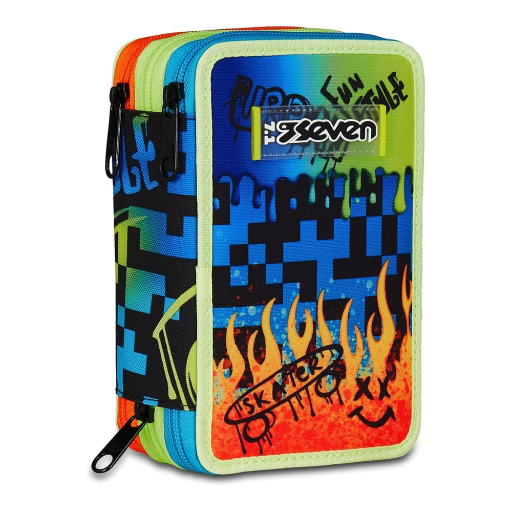 Astuccio Completo 3 Zip Seven Scribbled Flame - Blu/Lime