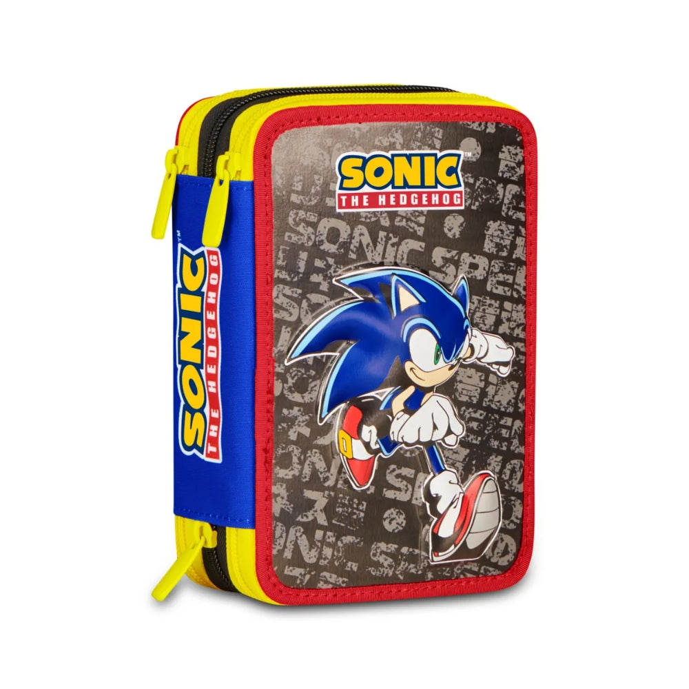 Seven Astuccio Scuola 3 Zip Sonic, Blu, Triplo Scomparto, Portapenne Attrezzato, Contenuto 44 Pezzi