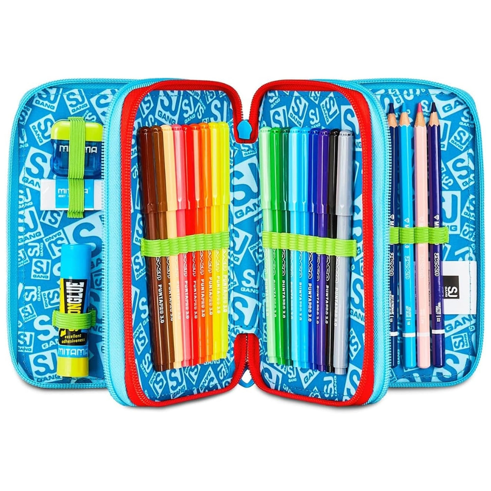 Astuccio Completo 3 Zip SJ Gang Game Led Boy - Azzurro/Rosso