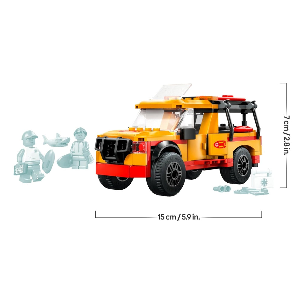 LEGO City Fuoristrada di Soccorso del Bagnino - Jeep Giocattolo da Costruire con 2 Minifigure e Squalo, Giochi per Bambini e Bambine da 6 Anni in su, Idee Regali per gli Amanti della Spiaggia - 60453