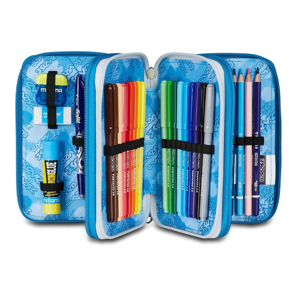 Astuccio Completo 3 Zip Seven Quick Graffiti Boy - Blu/Grigio