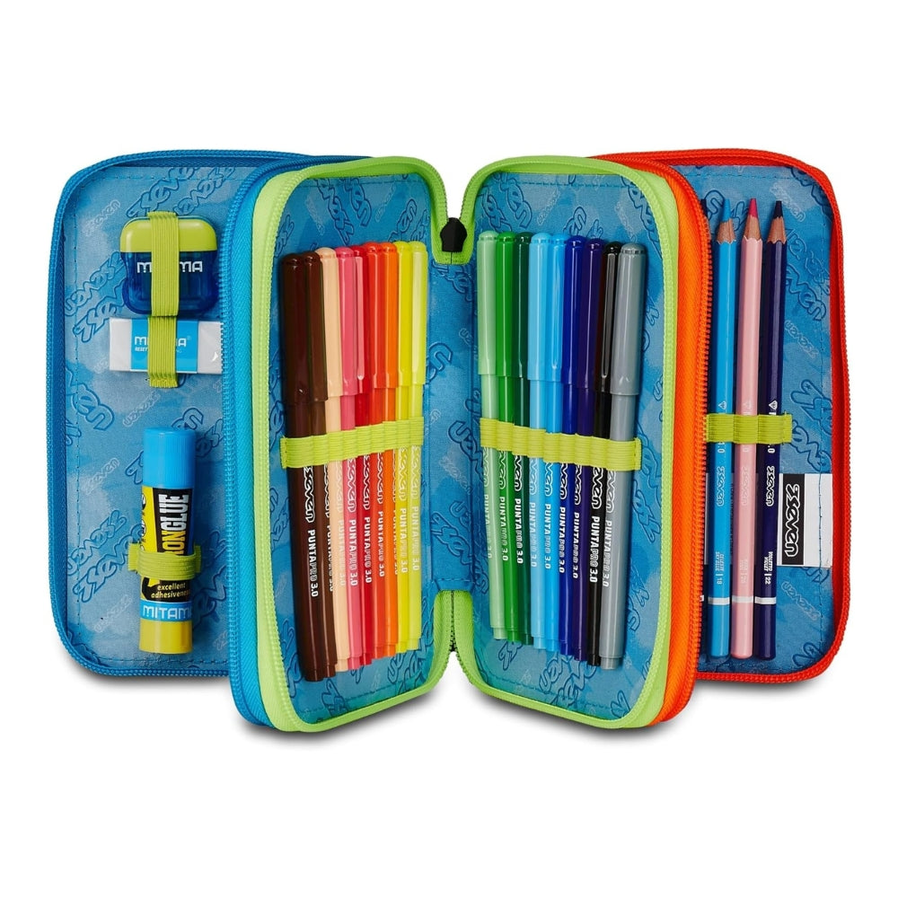 Astuccio Completo 3 Zip Seven Scribbled Flame - Blu/Lime