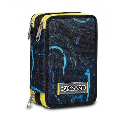 Astuccio Scuola 3 Zip Seven - Fluo Stamp, Multicolore - Attrezzato Con Matite, Pennarelli E Altro