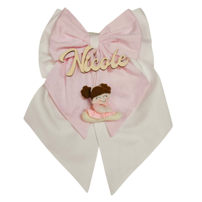 Fiocco Nascita Ballerina Rosa A Pois - Con Nome In Legno