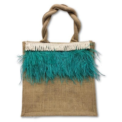 Borsa In Juta Realizzata A Mano Decorata Con Piume Azzurre