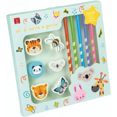 Set 5 Matite + 5 Gomme + 1 Temperino Gli Animaletti