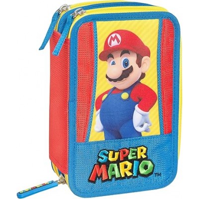 Super Mario - Astuccio Scuola 3 Scomparti Con Set Cancelleria, 20x13hx7 Cm