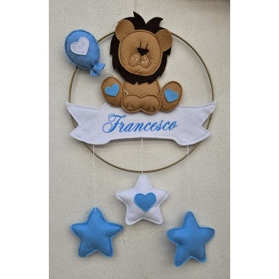 Cerchio Nascita Azzurro Con Leoncino - Personalizzabile