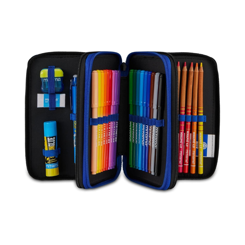 Seven Astuccio Scuola 3 Zip Inter, Blu, Triplo Scomparto, 45 Pezzi