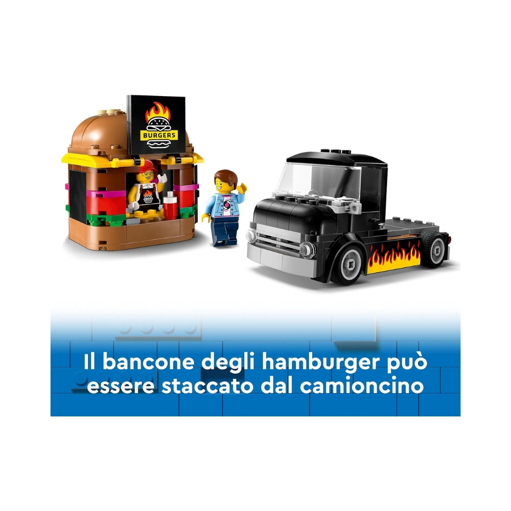 LEGO City Furgone degli Hamburger Giocattolo, Veicolo da Costruire per Bambini e Bambine da 5 Anni in su, Camion Food Truck con Accessori per Cucinare e 2 Minifigure, Regalo Divertente 60404