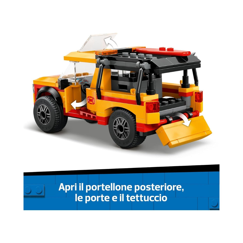 LEGO City Fuoristrada di Soccorso del Bagnino - Jeep Giocattolo da Costruire con 2 Minifigure e Squalo, Giochi per Bambini e Bambine da 6 Anni in su, Idee Regali per gli Amanti della Spiaggia - 60453