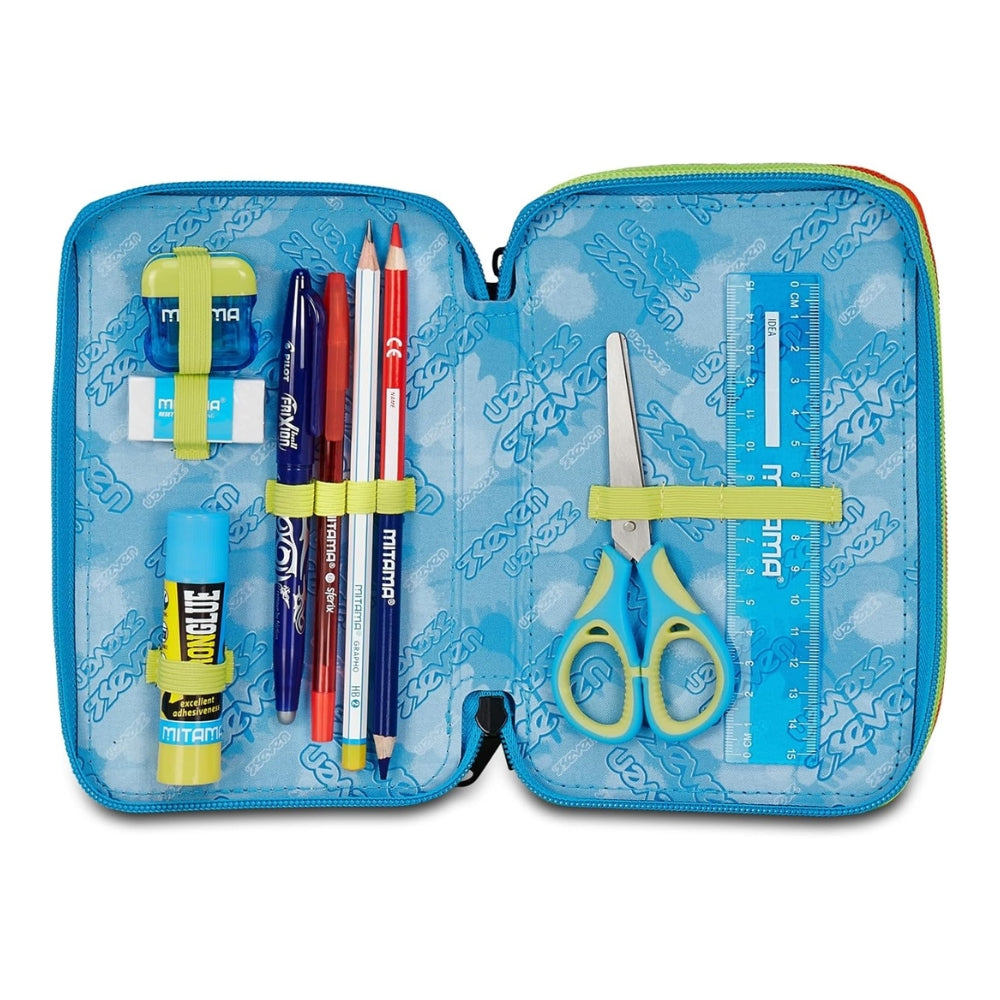 Astuccio Completo 3 Zip Seven Scribbled Flame - Blu/Lime