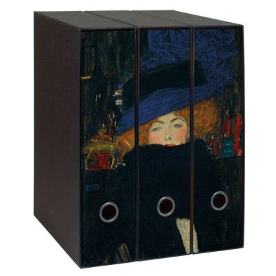 Set 3 Raccoglitori Image - Formato Protocollo - Dorso 8 Cm - Gustav Klimt - Signora Con Cappello E Boa Di Piume