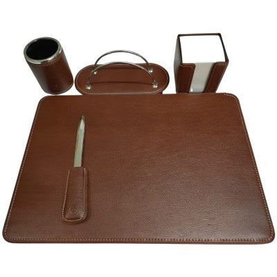 Set Ufficio In Pelle Marrone Con Scrittoio, Tagliacarte, Portablocco, Portacarte E Portapenne