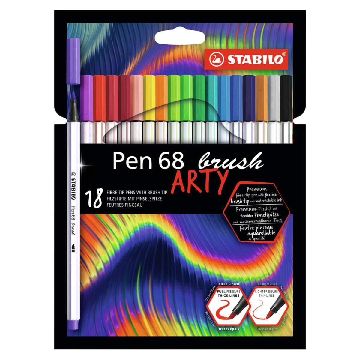 STABILO Pen 68 Brush Arty – Confezione da 18 Pennarelli Brush a Colori Assortiti