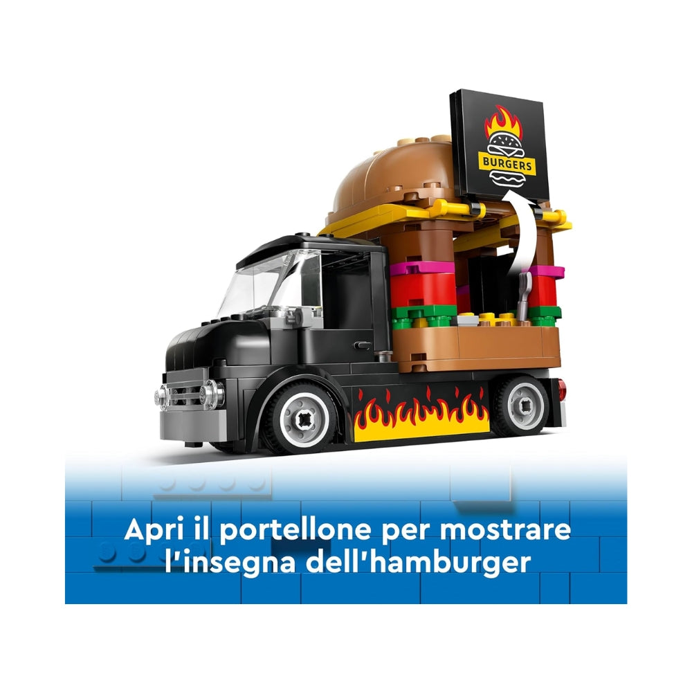 LEGO City Furgone degli Hamburger Giocattolo, Veicolo da Costruire per Bambini e Bambine da 5 Anni in su, Camion Food Truck con Accessori per Cucinare e 2 Minifigure, Regalo Divertente 60404