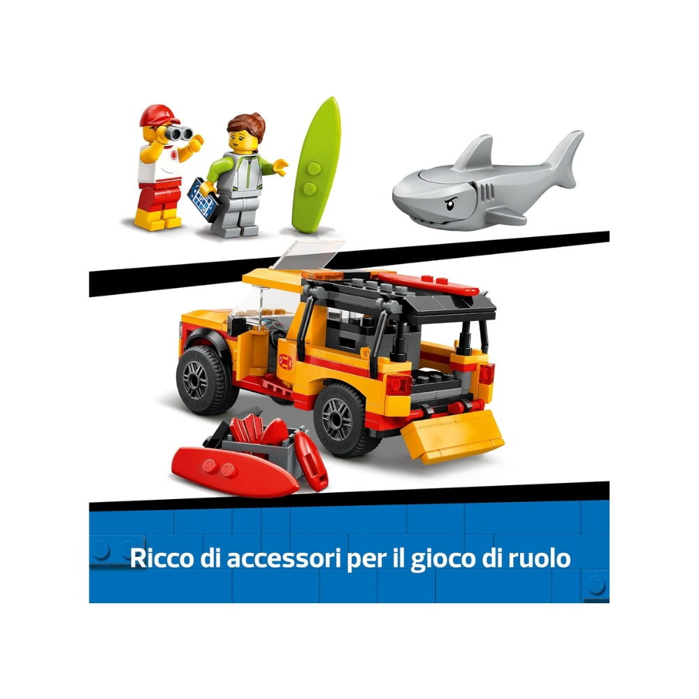 LEGO City Fuoristrada di Soccorso del Bagnino - Jeep Giocattolo da Costruire con 2 Minifigure e Squalo, Giochi per Bambini e Bambine da 6 Anni in su, Idee Regali per gli Amanti della Spiaggia - 60453