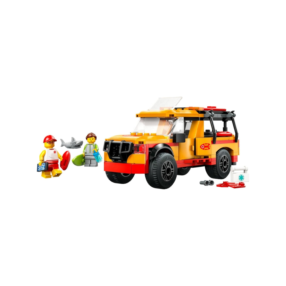 LEGO City Fuoristrada di Soccorso del Bagnino - Jeep Giocattolo da Costruire con 2 Minifigure e Squalo, Giochi per Bambini e Bambine da 6 Anni in su, Idee Regali per gli Amanti della Spiaggia - 60453