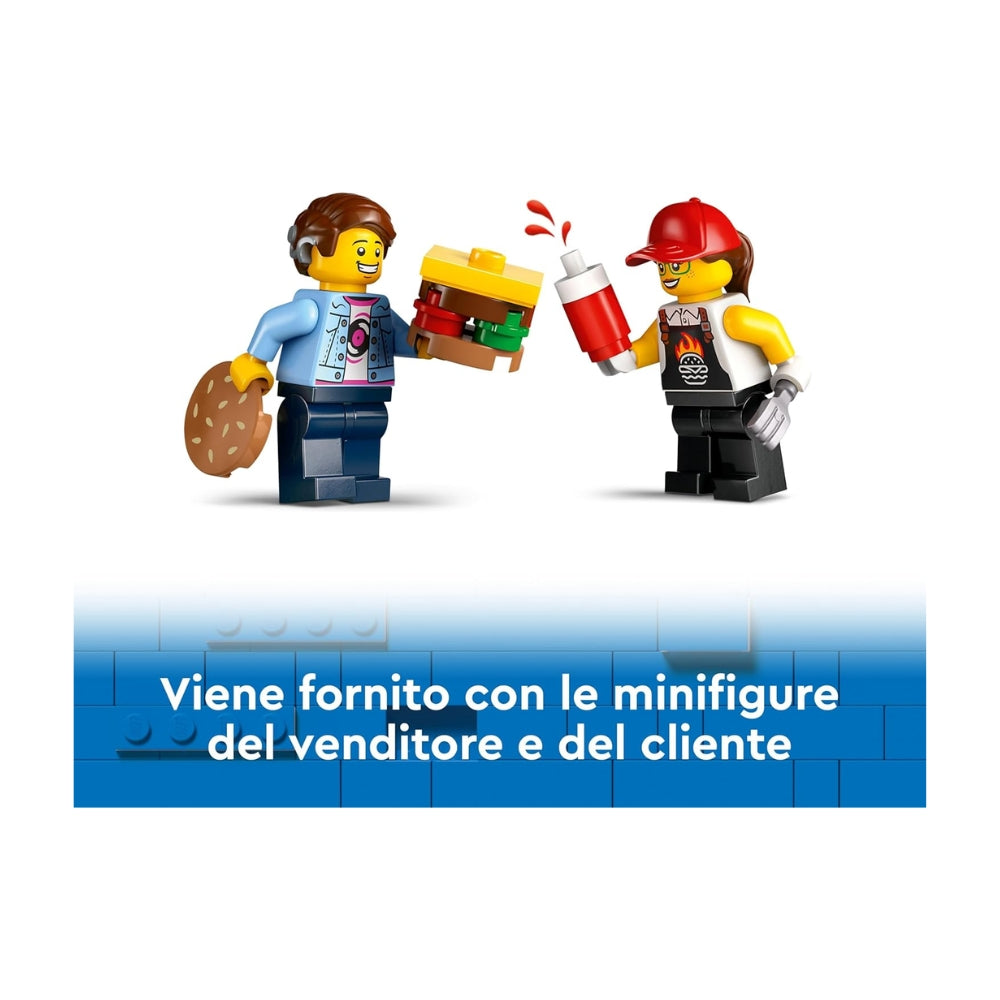 LEGO City Furgone degli Hamburger Giocattolo, Veicolo da Costruire per Bambini e Bambine da 5 Anni in su, Camion Food Truck con Accessori per Cucinare e 2 Minifigure, Regalo Divertente 60404