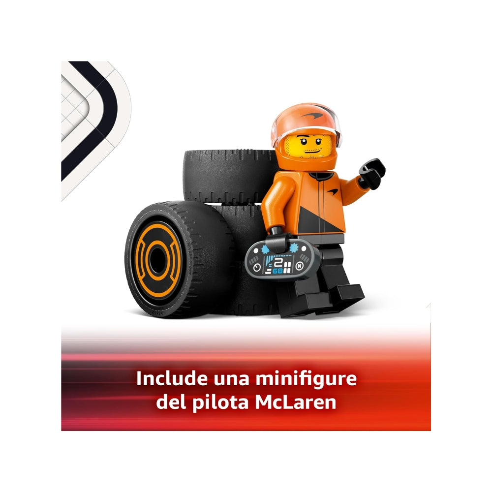 LEGO City Pilota e Monoposto McLaren F1 - Modello di Macchina Giocattolo da Formula 1 con Minifigure - Idea Regalo per Bambini e Bambine da 6 Anni in su o per Adulti Fan delle Auto da Corsa - 60442