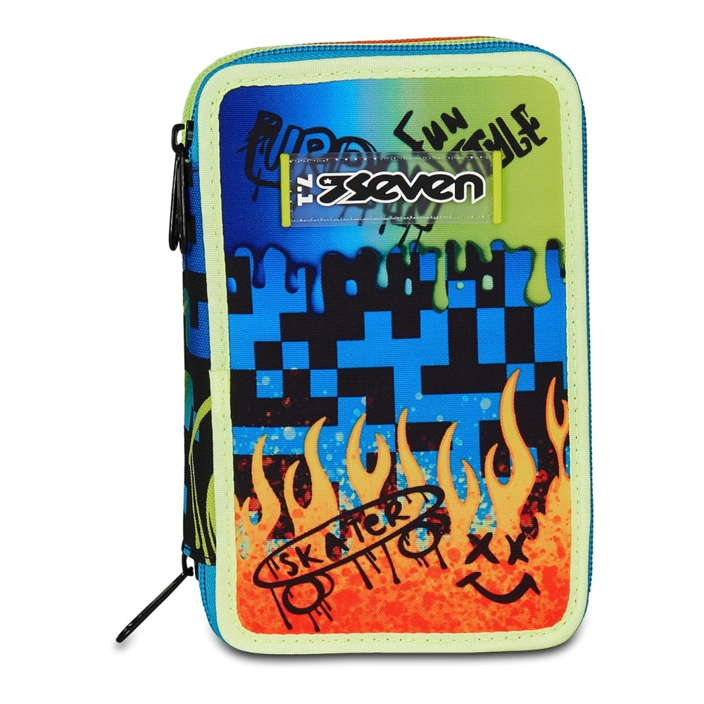 Astuccio Completo 3 Zip Seven Scribbled Flame - Blu/Lime