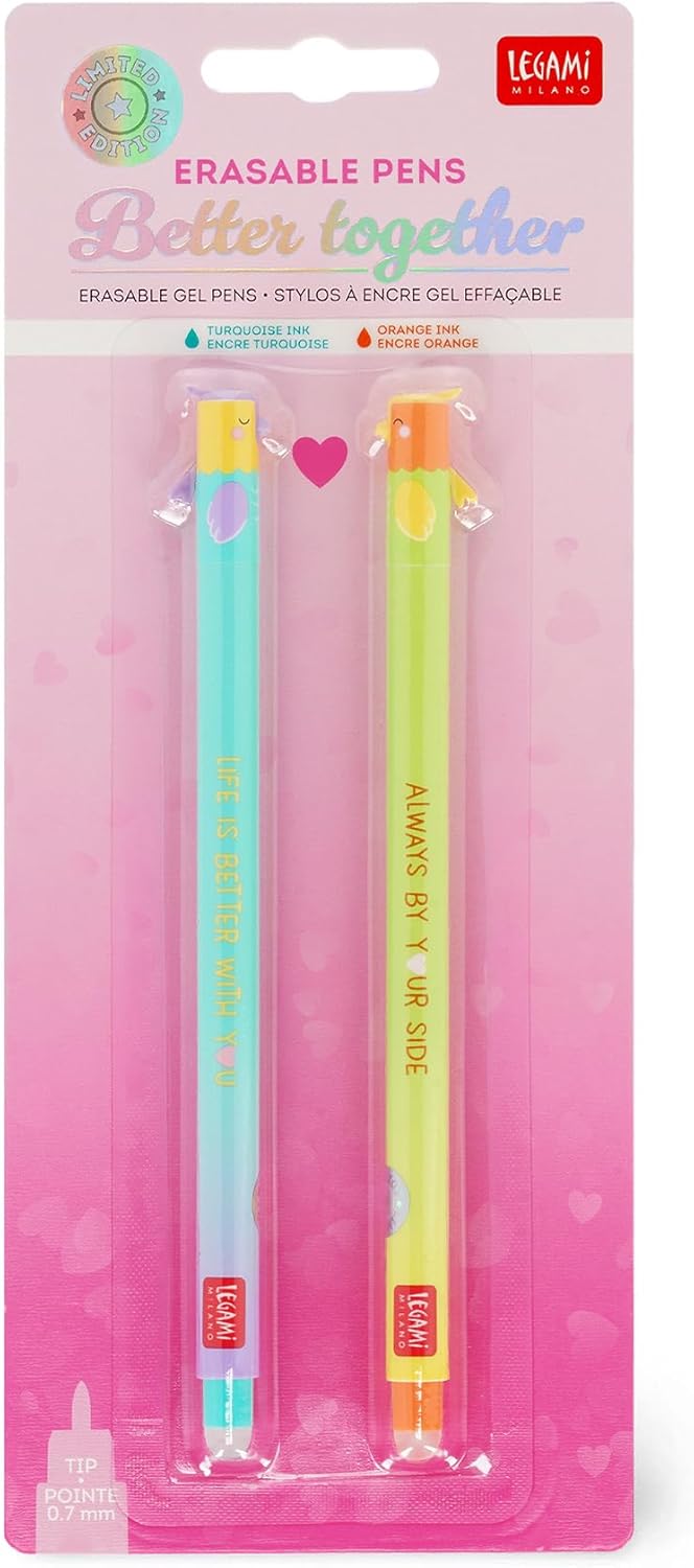 Legami - Set Penne Cancellabili San Valentino 2026, Better Togheter, con Inchiostro Cancellabile Termosensibile, Turchese, Arancione, Cancella Senza Consumare il Foglio