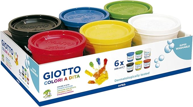 GIOTTO Colori a dita - Confezione Da 6 Barattoli Di Tempera A Dita, 200 ml, Superlavabile