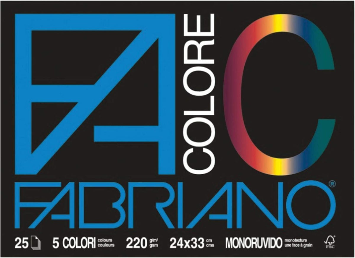 Fabriano Blocco da Disegno Colorato 24 x 33 cm – 25 Fogli – 5 Colori – 220 g/m²