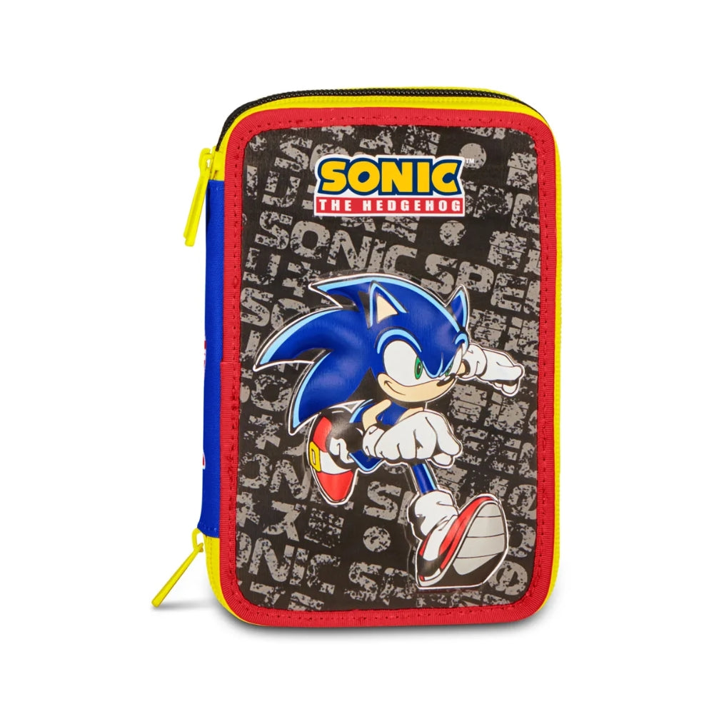 Seven Astuccio Scuola 3 Zip Sonic, Blu, Triplo Scomparto, Portapenne Attrezzato, Contenuto 44 Pezzi