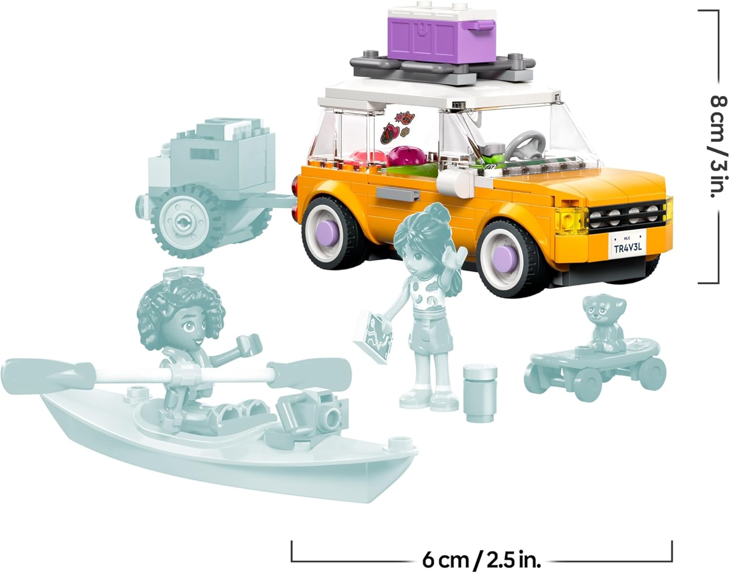 LEGO Friends Viaggio in Auto con il Cucciolo - Macchina Giocattolo con Rimorchio, 2 Mini Bamboline, Cane, Kayak e Accessori tra cui Skateboard e Pattini a Rotelle - Set per Bambine da 6 Anni - 42659