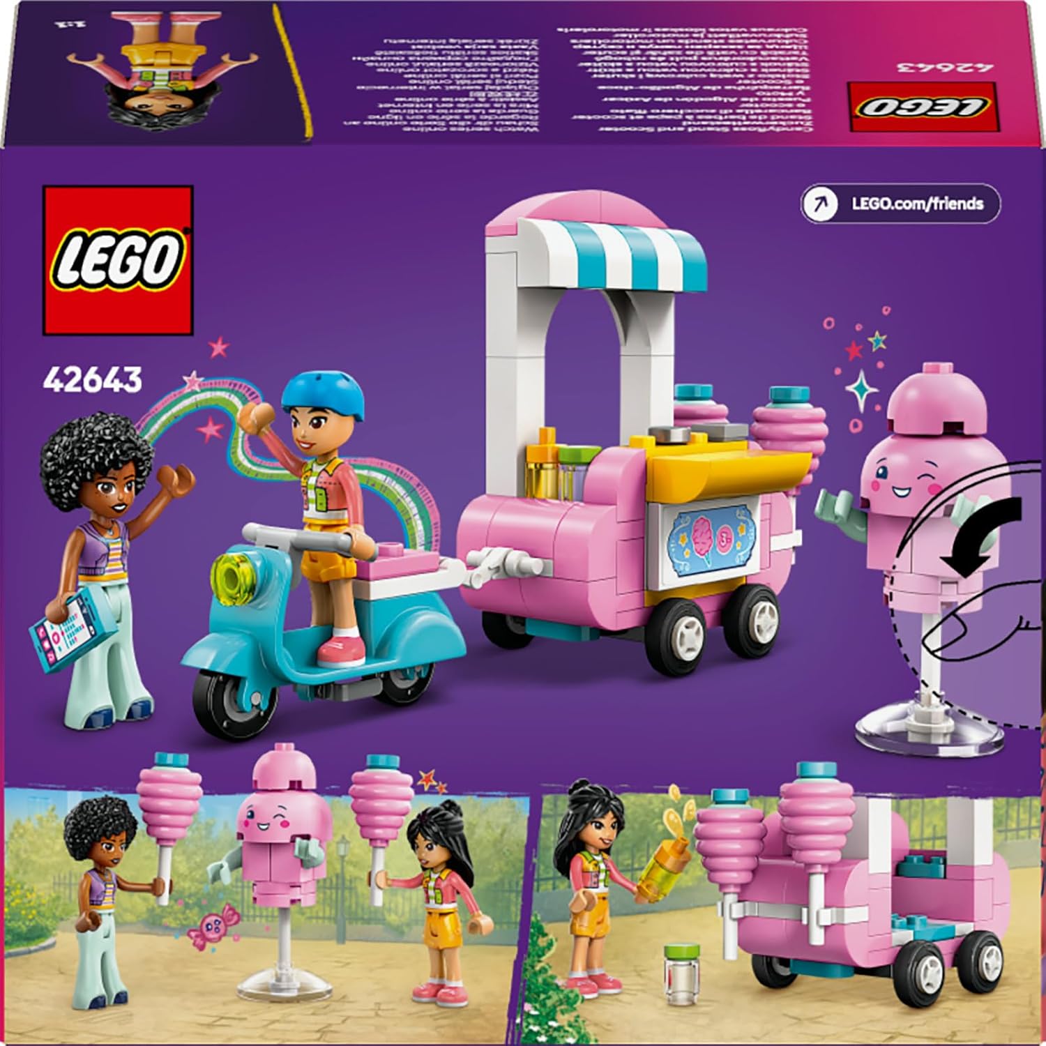 LEGO Friends Bancarella di Zucchero Filato e Scooter, Giochi di Ruolo Creativi per Bambine da 6 Anni con Mini Bamboline di Liann e Jamila, Veicolo, Carrello con Ruote e Cibo Giocattolo 42643