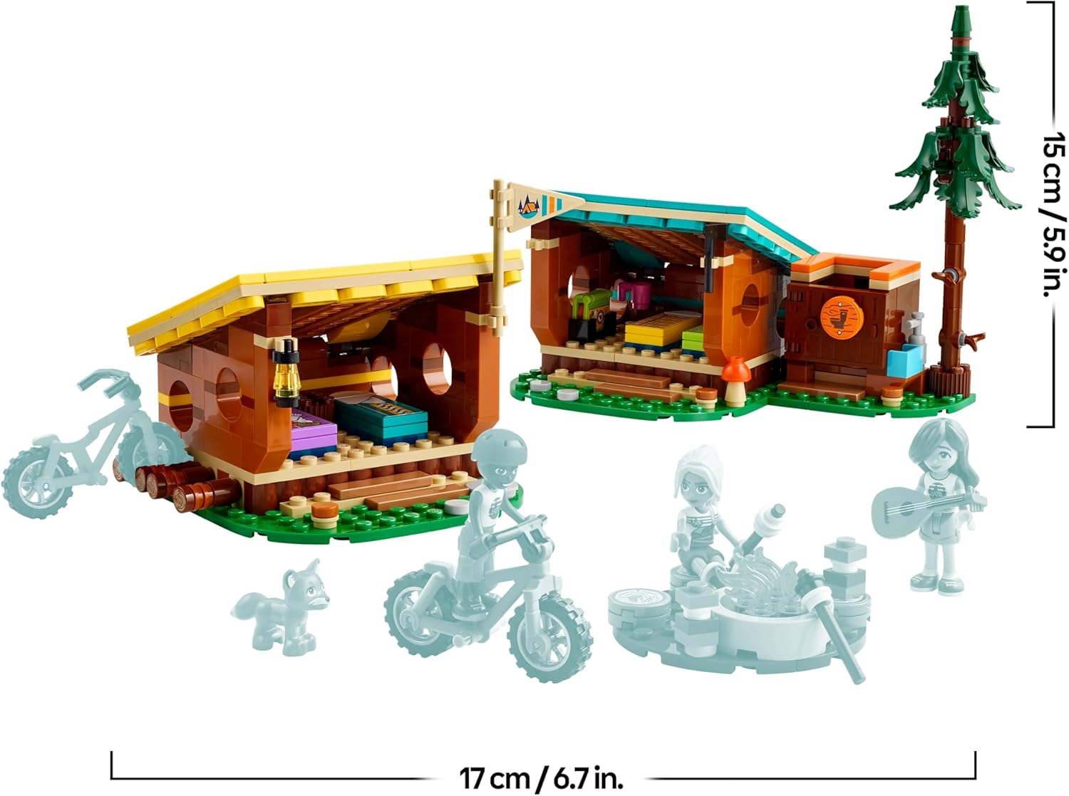 LEGO Friends Cabine Relax al Campo Avventure, Giochi Educativi per Bambine e Bambini da 7 Anni, Campeggio Giocattolo da Costruire con 3 Personaggi, 2 Mountain Bike e una Volpe, Idee Regalo 42624