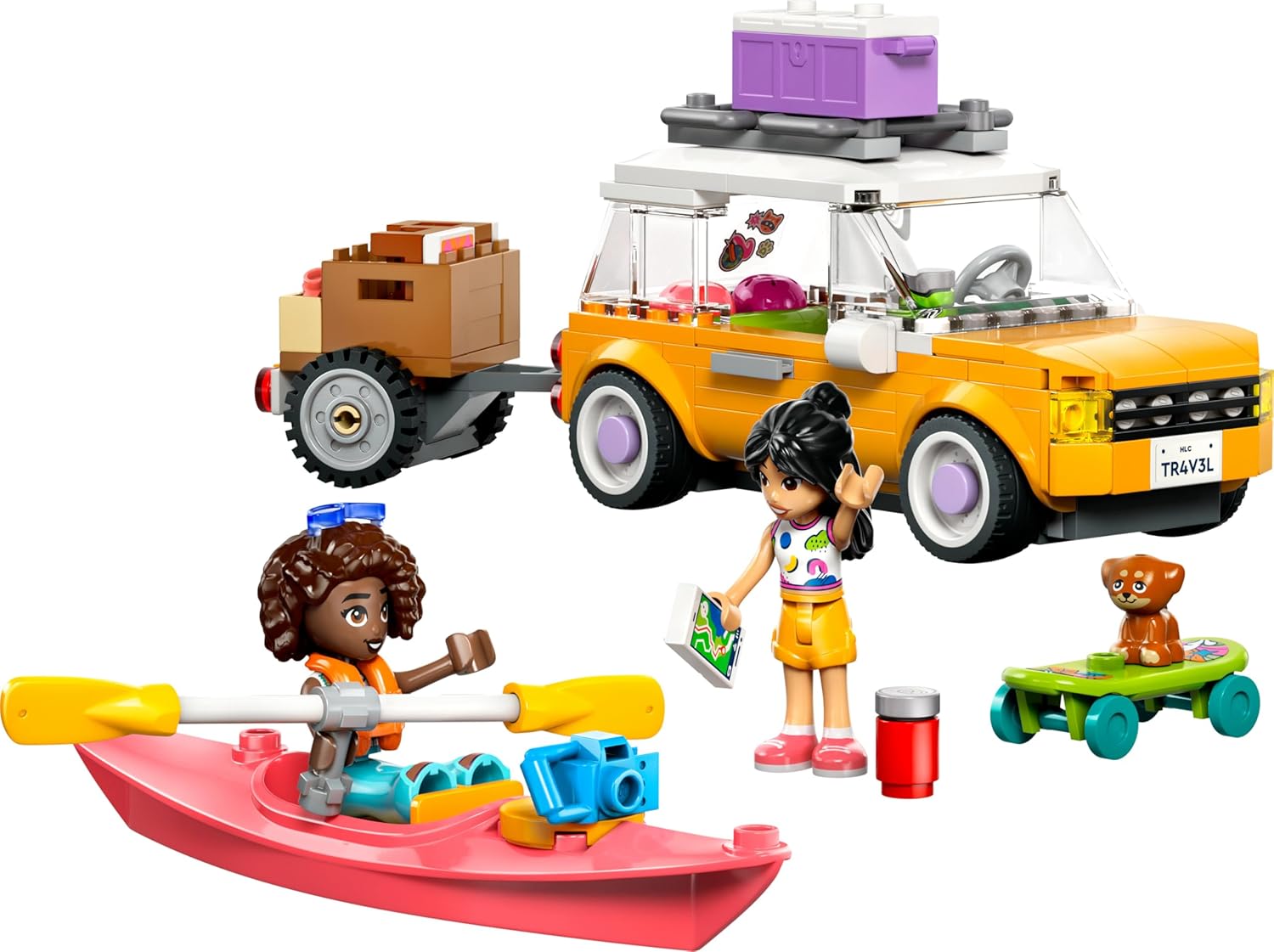 LEGO Friends Viaggio in Auto con il Cucciolo - Macchina Giocattolo con Rimorchio, 2 Mini Bamboline, Cane, Kayak e Accessori tra cui Skateboard e Pattini a Rotelle - Set per Bambine da 6 Anni - 42659