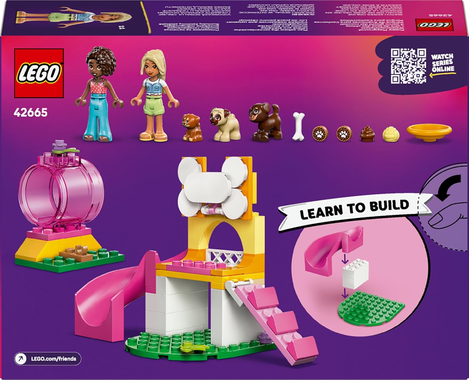 LEGO Friends Il Parco Giochi dei Cuccioli Giocattolo - con Parco con Scivolo, 2 Mini Bamboline, 3 Figure di Cani e Accessori per Animali Domestici - Regalo Creativo per Bambine da 4 Anni - 42665