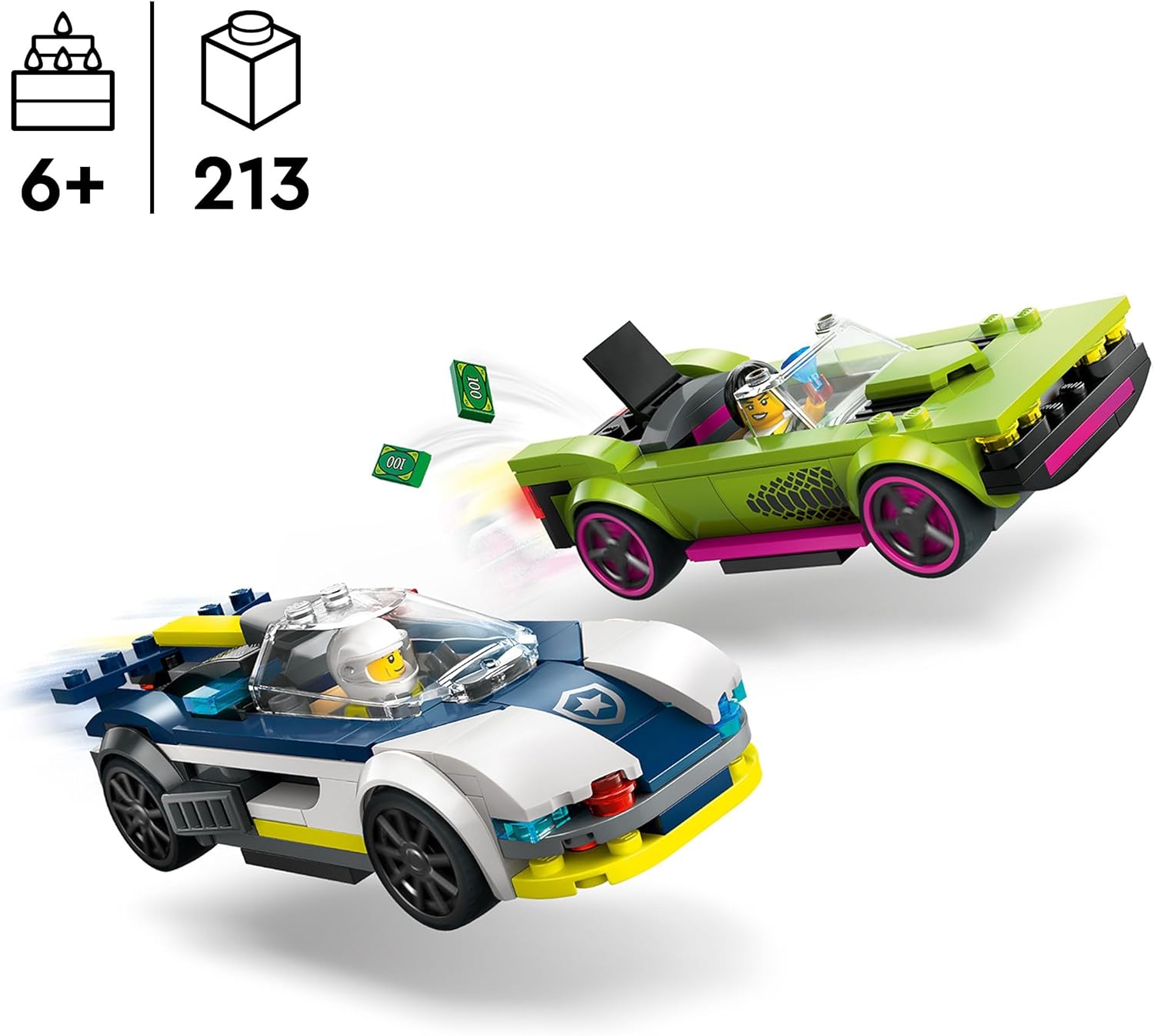 LEGO City Inseguimento della Macchina da Corsa, Set con 2 Modellini di Auto da Costruire della Polizia, Giocattolo per Bambini e Bambine da 6 Anni in su con Veicolo di Emergenza e 2 Minifigure 60415