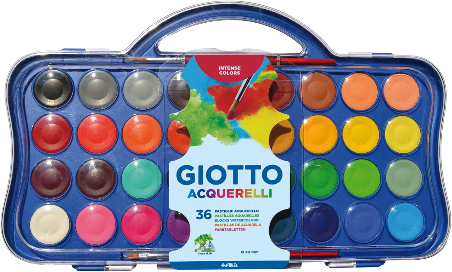 GIOTTO Acquerelli - Confezione da 36 Pastiglie Acquerello + 1 Pennello, 30mm, 36 Colori Assortiti