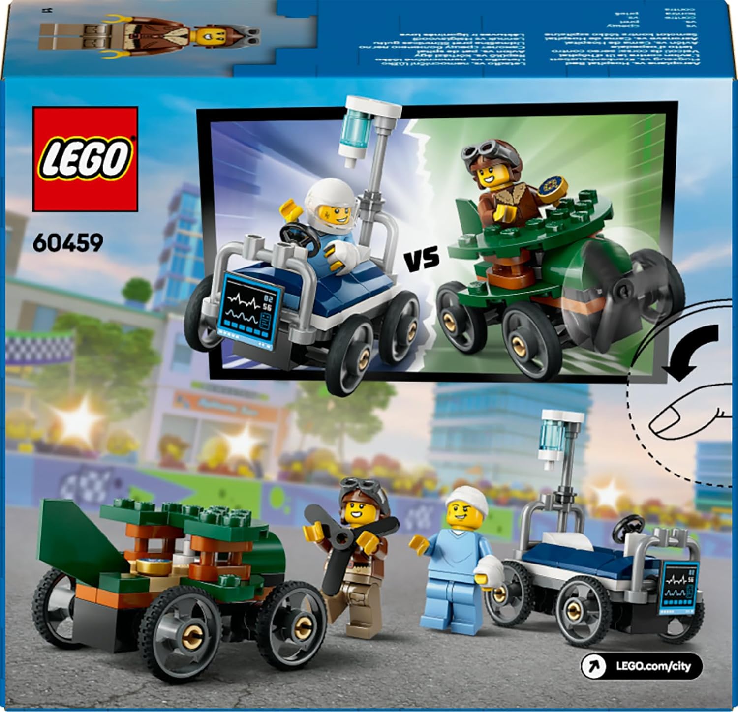 LEGO City Pack Veicoli da Corsa: Aereo Contro Letto d’Ospedale - Modelli di Auto Giocattolo con 2 Minifigure, Giochi per Bambini e Bambine da 5 Anni - Regali Divertenti per Compleanni e Feste - 60459