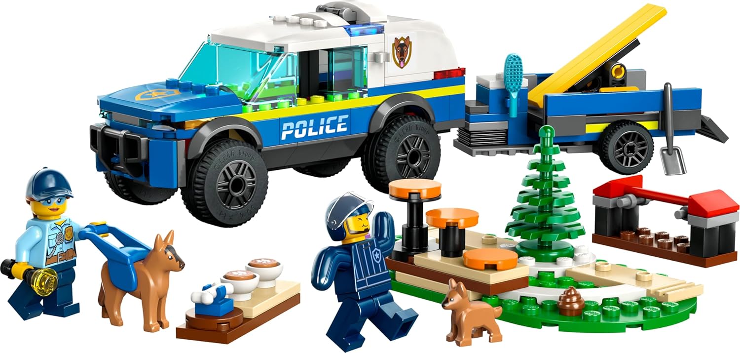 LEGO 60369 City Addestramento Cinofilo Mobile, Set con Percorso a Ostacoli, SUV Macchina Polizia Giocattolo e Rimorchio, 2 Figure di Animali, Giochi per Bambini