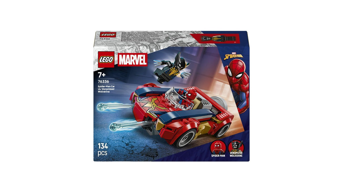 LEGO Marvel Auto di Spider-Man vs. Venomized Wolverine 76336 | Giochi per bambini da 7 anni, giocattolo dei supereroi, 2 minifigure e macchina con 2 shooter...