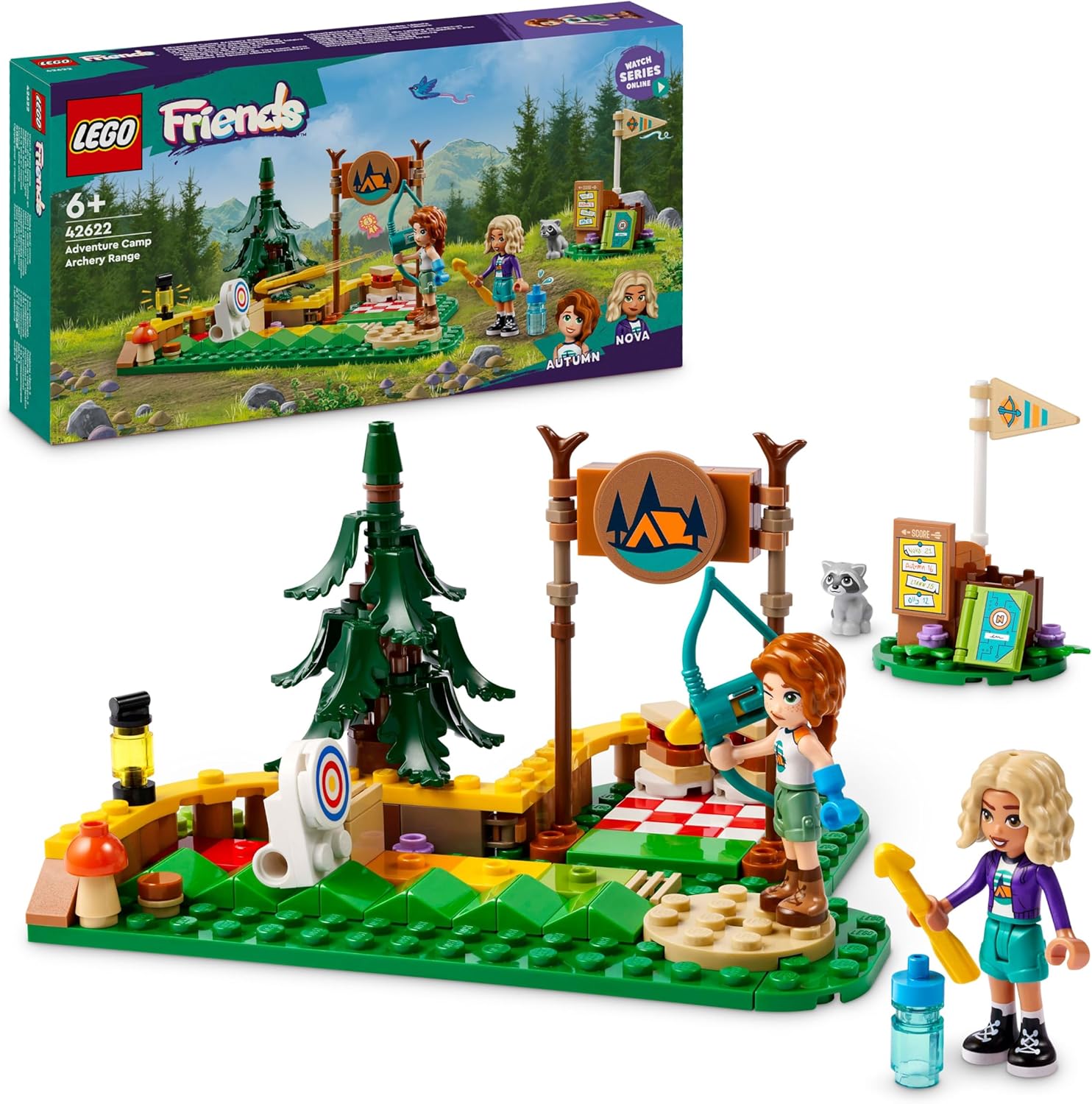 LEGO Friends Tiro con l'Arco al Campo Avventure, Giochi Sportivi per Bambine e Bambini da 6 Anni in su con Arco e Frecce Giocattolo, 2 Mini Bamboline e un Procione, Idee Regalo di Compleanno 42622