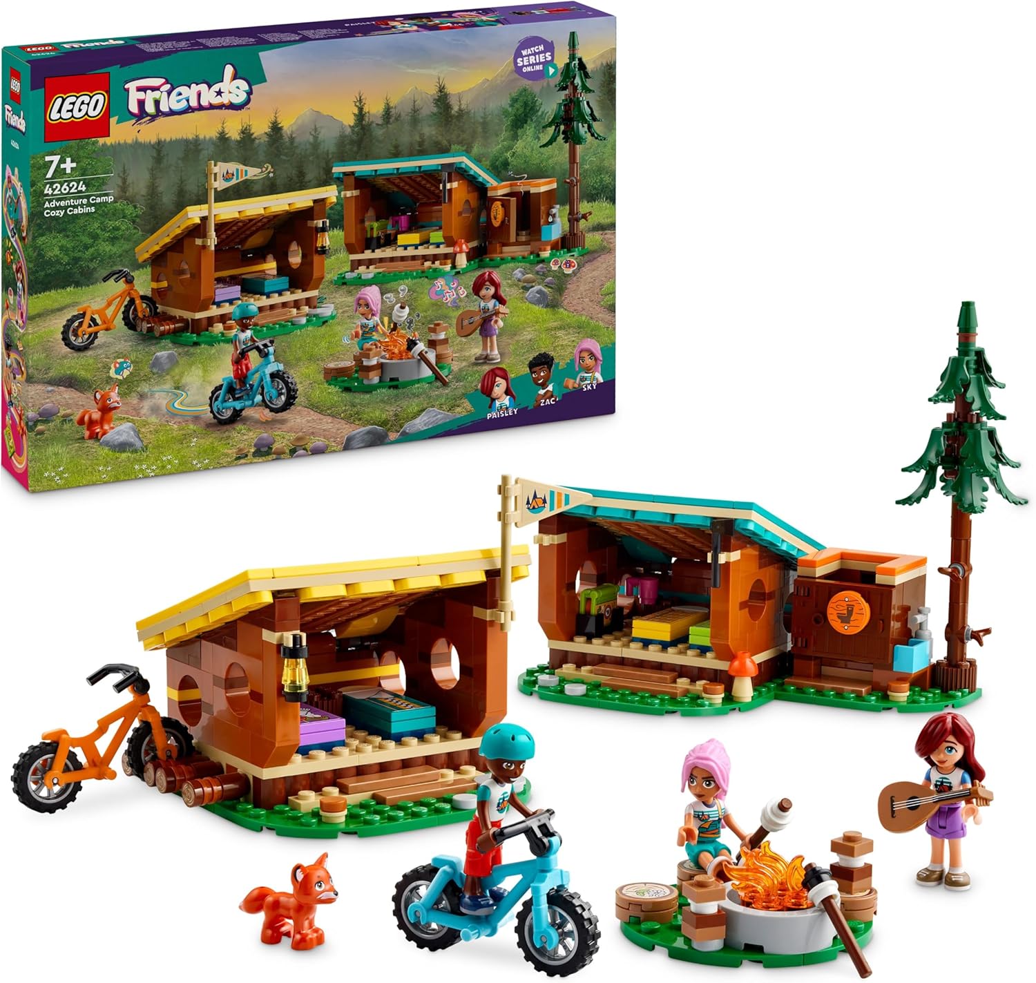 LEGO Friends Cabine Relax al Campo Avventure, Giochi Educativi per Bambine e Bambini da 7 Anni, Campeggio Giocattolo da Costruire con 3 Personaggi, 2 Mountain Bike e una Volpe, Idee Regalo 42624