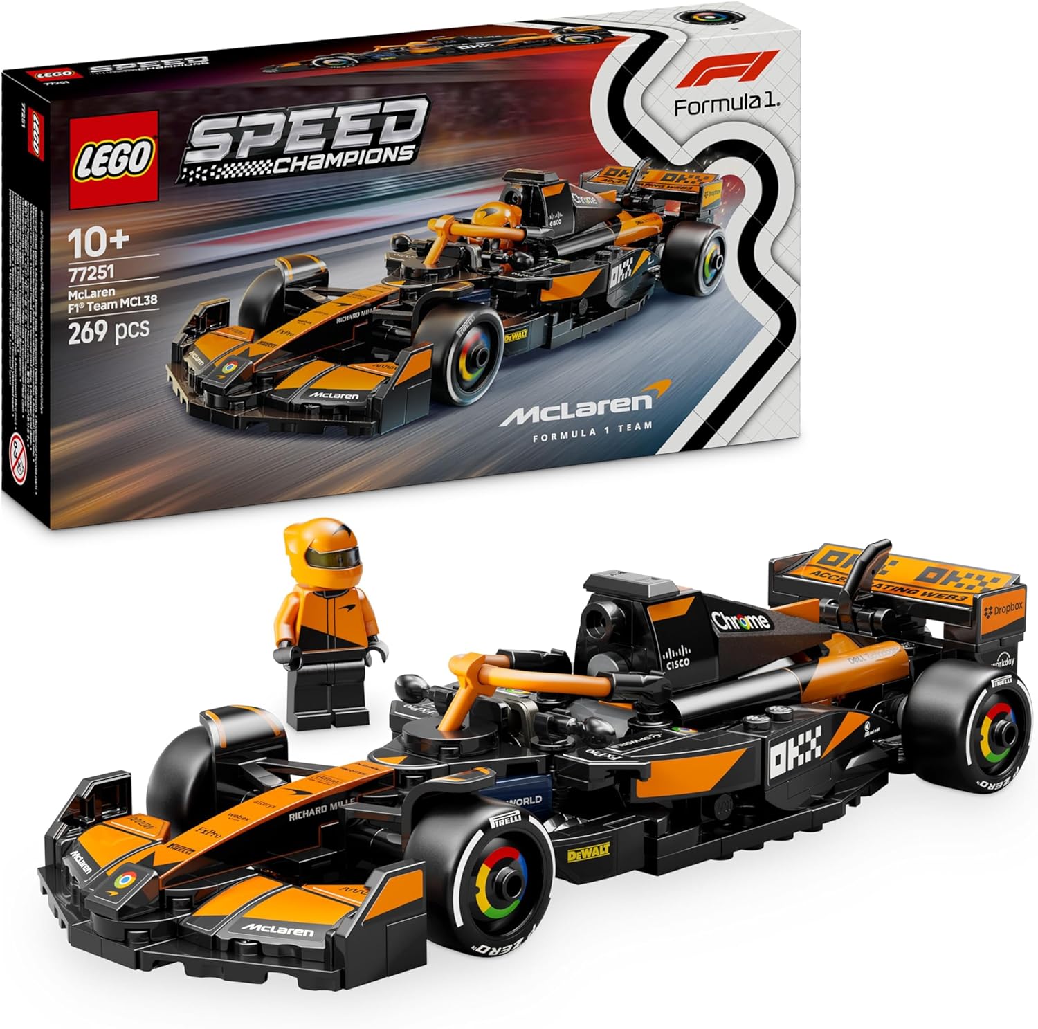 LEGO Speed Champions Auto da Corsa McLaren F1 Team MCL38 Macchina Giocattolo da Collezione con Minifigure del Pilota, Modello per Bambini e Bambine da 10 Anni o per Adulti Fan della Formula 1 77251