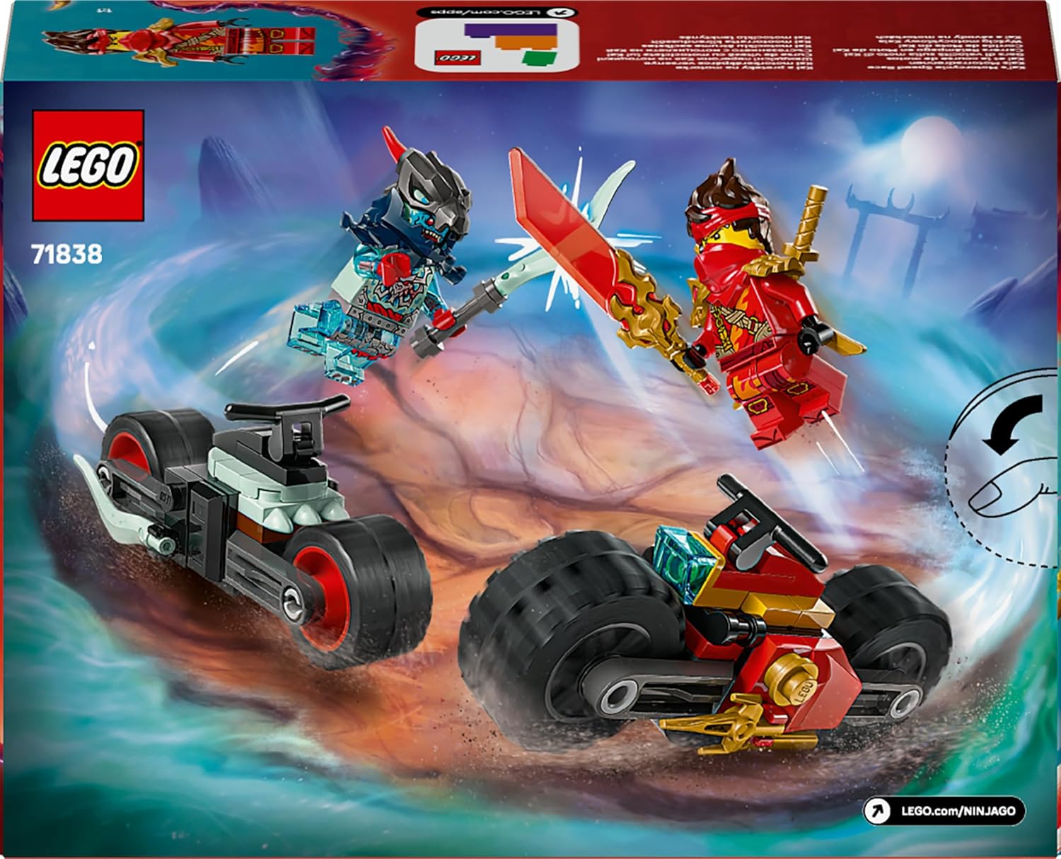 LEGO NINJAGO Gara di Velocità sulla Moto di Kai - Set Ninja con 2 Motociclette Giocattolo con Ruote Mobili, 2 Minifigure e Accessori - Regalo per Bambini da 6 Anni Fan di La Rivolta dei Draghi 71838