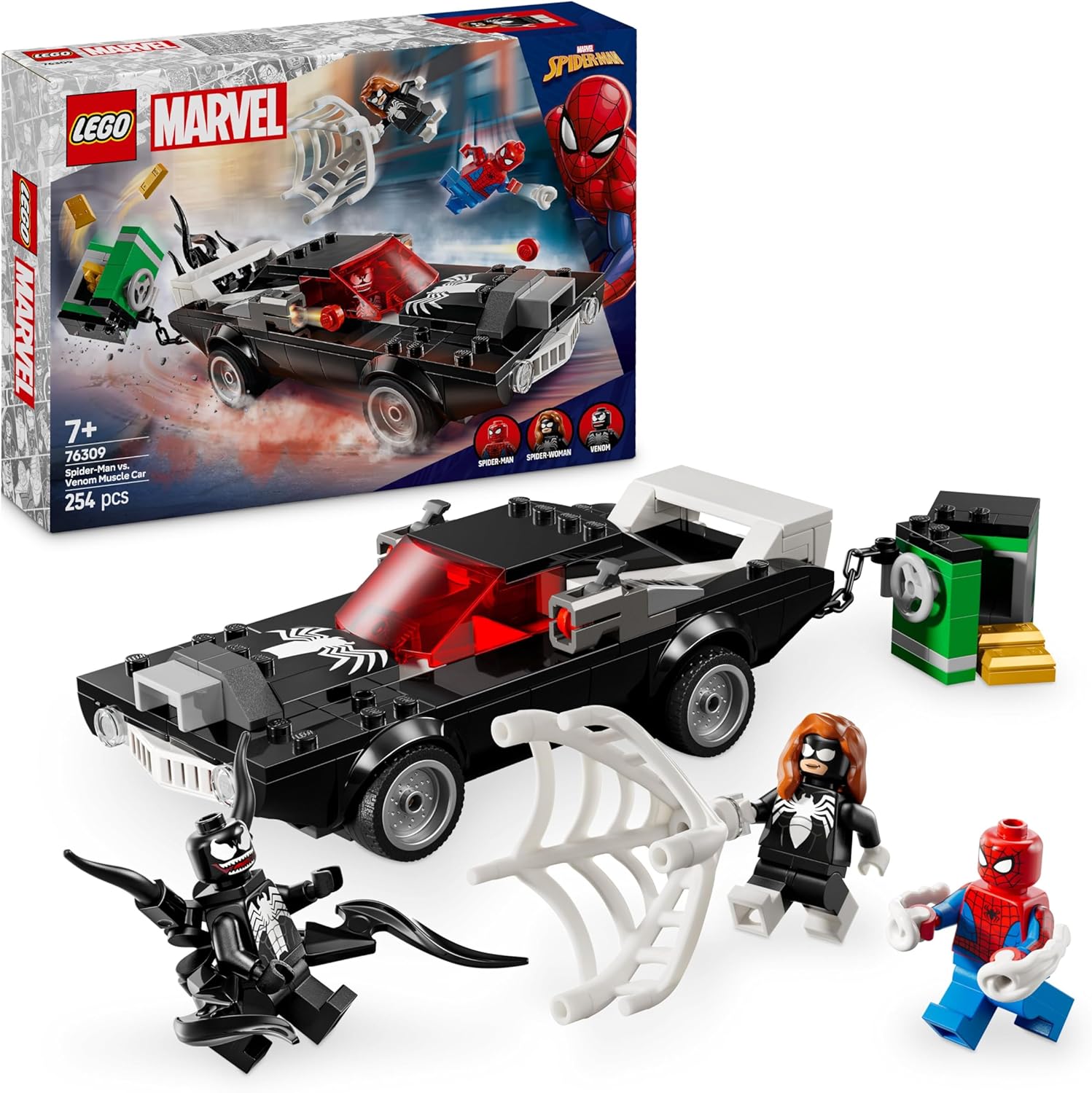 LEGO | Marvel Spider-Man Contro Muscle Car di Venom - Macchina Giocattolo da Costruire con 3 Minifigure, Giochi per Bambini da 7 Anni Fan dei Supereroi, dei Veicoli e dei Modelli di Auto 76309