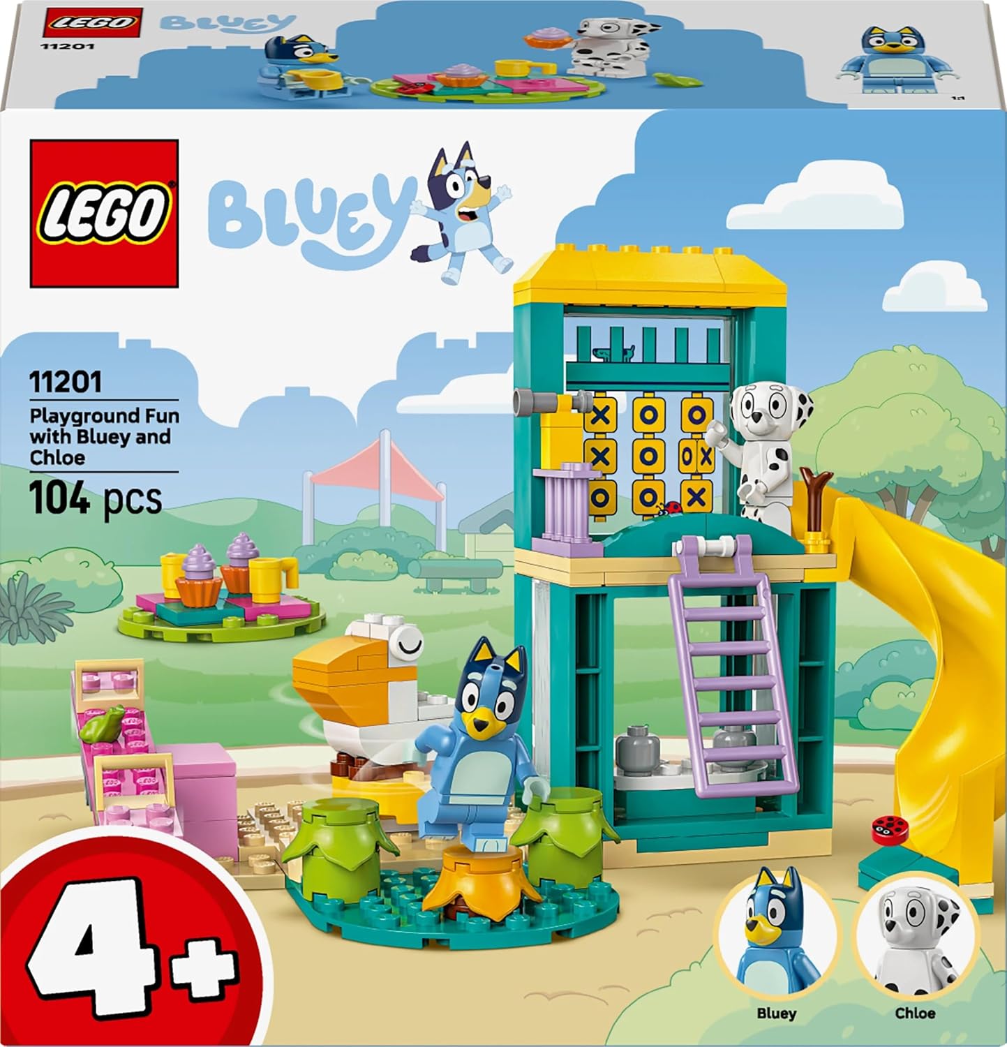 LEGO Bluey: Parco Giochi con Bluey e Chloe - Gioco per Bambine e Bambini da 4 Anni con 2 Minifigure, Saliscendi, Scivolo, Struttura per Arrampicata e 3 Piante - Regalo per i Fan della Serie TV - 11201