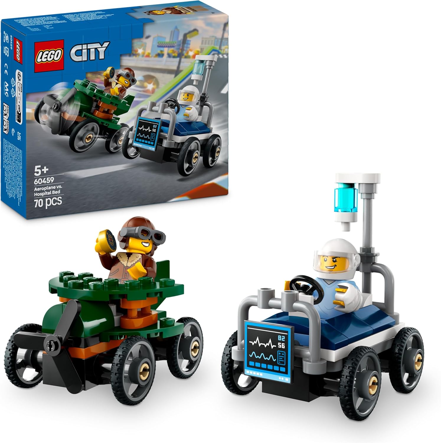 LEGO City Pack Veicoli da Corsa: Aereo Contro Letto d’Ospedale - Modelli di Auto Giocattolo con 2 Minifigure, Giochi per Bambini e Bambine da 5 Anni - Regali Divertenti per Compleanni e Feste - 60459