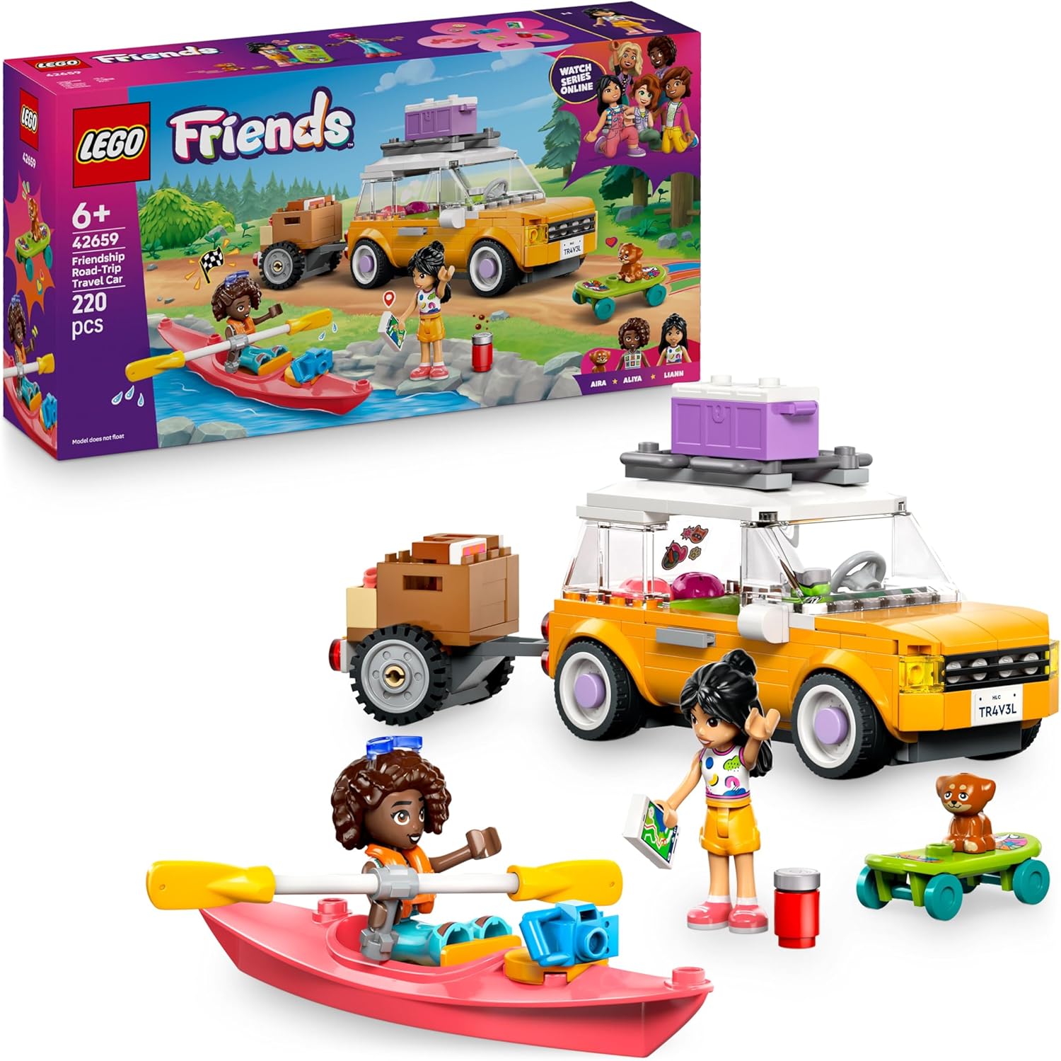 LEGO Friends Viaggio in Auto con il Cucciolo - Macchina Giocattolo con Rimorchio, 2 Mini Bamboline, Cane, Kayak e Accessori tra cui Skateboard e Pattini a Rotelle - Set per Bambine da 6 Anni - 42659