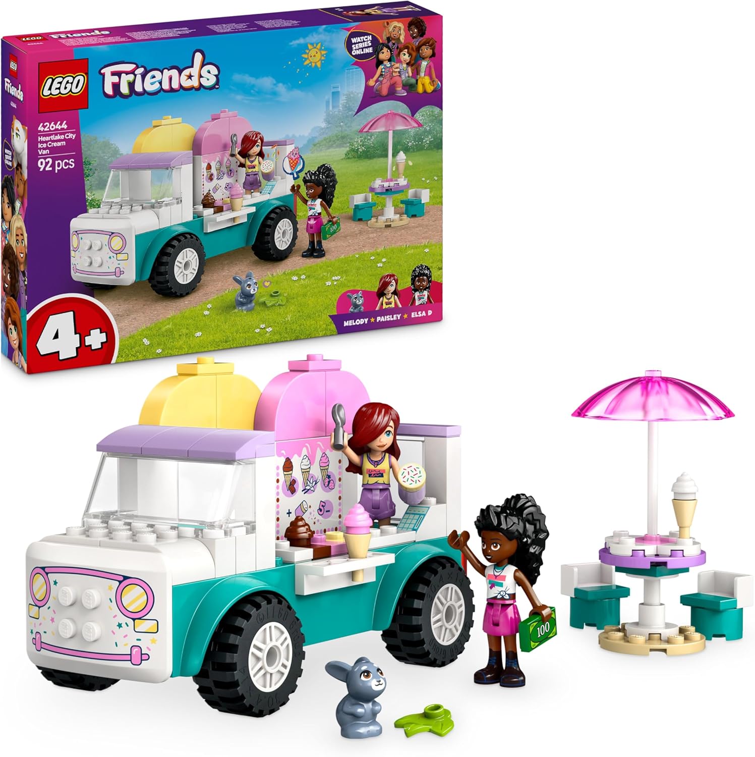 LEGO Friends Il Furgone dei Gelati di Heartlake City, Giochi Creativi e Didattici per Bambine da 4 Anni con Camion Giocattolo, 2 Mini Bamboline, un Coniglietto, Cibo e Accessori, Set con Veicolo 42644