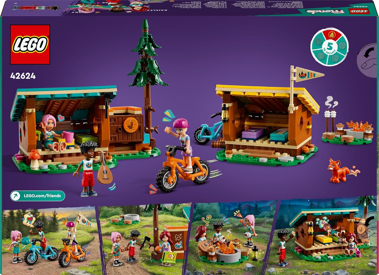 LEGO Friends Cabine Relax al Campo Avventure, Giochi Educativi per Bambine e Bambini da 7 Anni, Campeggio Giocattolo da Costruire con 3 Personaggi, 2 Mountain Bike e una Volpe, Idee Regalo 42624